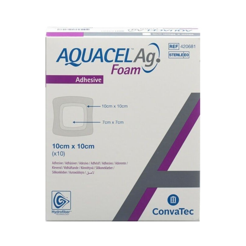 Convatec Italia Medicazione Sterile In Schiuma Di Poliuretano Idrocellulare Aquacel Ag Foam Adesiva Assorbente 10x10 Cm 10 Pezzi